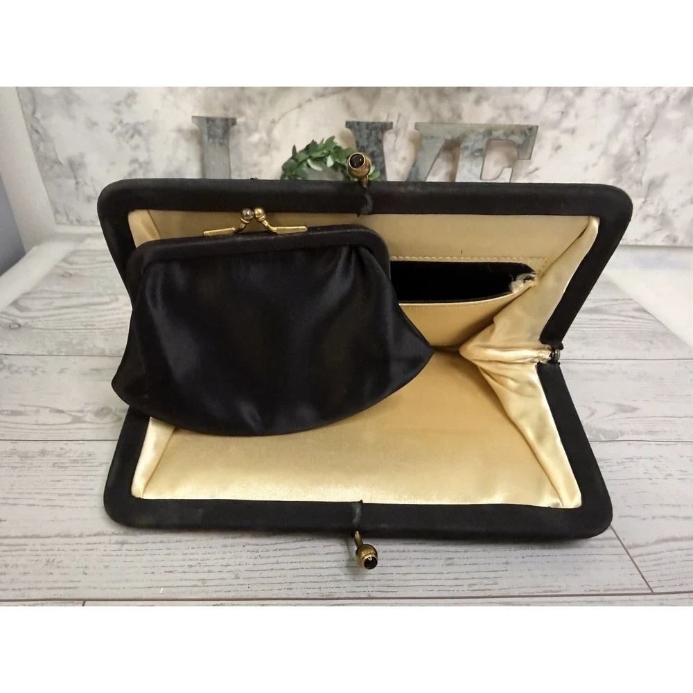 Vintage 1960s L & M Spotlite Black Satin Purse w Matching Coin Bag Evening Bag